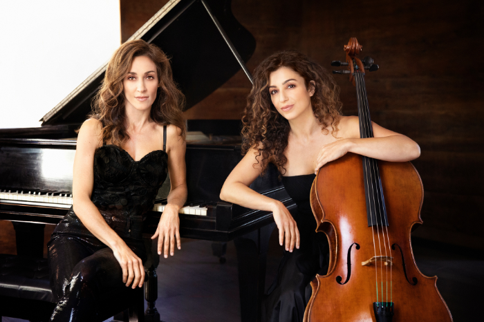 Aznavoorian Duo posing with cello and piano